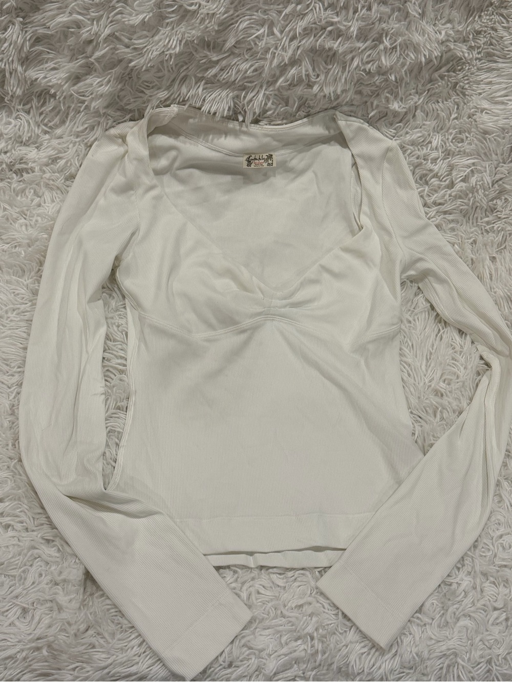 Free People White Ribbed Long-Sleeve Scoop Neck Top